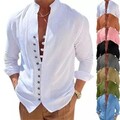 Herren Mode Leinen Langarm Hemden Locker Freizeit Bluse Top Hemdshirt Polyester