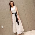 Damen Midi Kleid Blumenspitze Netz Ärmellos Rüschen Abend Party Elegant Slim