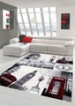 Designer Teppich Moderner Teppich Wohnzimmer Teppich London Motiv Creme Grau Rot