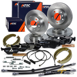 ATEC BREMSE BREMSEN SATZ SET KIT+4x BREMSSCHLAUCH VO+HI FÜR BMW 3-ER E36 318-328# BREMSBACKEN INKL. ZUBEHÖR, WARNKONTAKT #