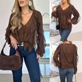 Damen V-Neck Langarmshirt Rüschen Hemd Elegant Chiffon Transparent Oberteile Top