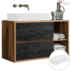 Badmöbel Waschtischunterschrank mit Keramik-Waschbecken Eiche mit Beton Gäste-WC