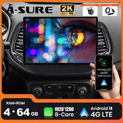 DAB+ 2K 13.1" 4+64G Android 14 CarPlay Autoradio GPS Für Jeep Compass 2017-2020