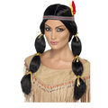 Perücke Damen Indianerin,Federstirnband, geflochten,Zöpfen, schwarz,Karneval