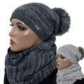 Damen Herren Mützenset Schalset Schal Loop Strickmütze slouch Bommelmütze 04