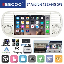 7" Carplay Autoradio DAB+ Android 13 2+64G GPS WiFi RDS Kam Für Fiat 500 2007-15