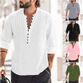 Herren Freizeit V-Ausschnitt Bluse Baumwolle Leinen Hemd Locker Top Lang Arm T ⊿