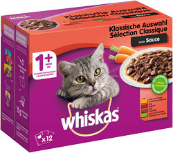 Whiskas 1+ Klassische Auswahl in Sauce 12x 100g Katzennassfutter Nassfuttrer
