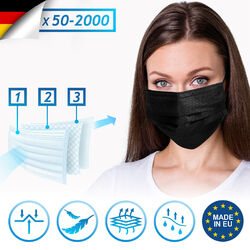 Virshields® Mundschutz 3-lagig Atem Nasen Einweg Maske Schutzmaske Gesichtsmaske⭐⭐⭐⭐⭐ Schwarz / Blau ✔️ 50-2000 Stück ✔️ Made in EU ✔️