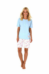 Damen Shorty-Pyjama mit Knopfleiste Kurzarm Uni Hose Allover 62999