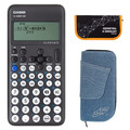 Casio FX-82 DE CW mit Jeans-Tasche hellblau und Zirkelset orange