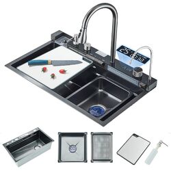 Küchenspüle Wasserfallspüle mit versenkbarem Wasserhahn Edelstahl SpülbeckenSet