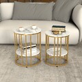 HOMCOM Couchtisch rund 2er Set Beistelltisch mit Ablage Stahlrahmen Marmoroptik