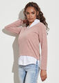 Damen Violet Pullover V-Neck Sweater mit Bluseneinsatz rosa weiß B21086686