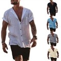 Herren Leinenhemd Strand Hemden Sommer Kurzarmshirt Freizeit Urlaub T-Shirt Tops