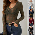 Sexy Damen Transparent Spitze T-Shirt Oberteile Slim Top V-Neck Langarm Clubwear