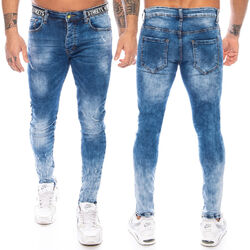 Herren Jeans Slim Fit Freizeit Stretch Hose Blau Coole Waschung Used Effekte   