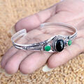 Oval Schwarzer Onyx & Grüner Onyx Edelstein 925 Sterling Silber Armband Gesch...