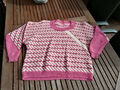 Hübscher handgestrickter Pullover aus Schurwolle rosa weiß weinrot L 40/42