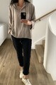 Bluse Tunika Hoodie Taupe 38 40 42 Oversize Knopf Shirt Kapuze
