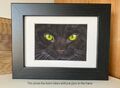Schwarzes Katzengesicht gerahmter Mini-Druck aus meinem eigenen Aquarell Haustier Porträt Gemälde.