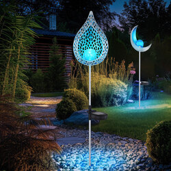 Steckleuchte Außenlampe Solarlampe Crackle Glas LED Flamme Mond blau 2er Set