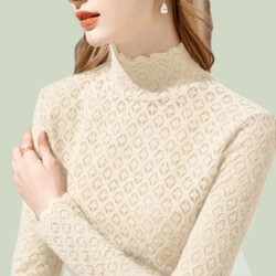 Damen Beflockung Spitze Shirt Netz Hohl Transparent Tops Hochgeschlossen Bluse Slim Retro