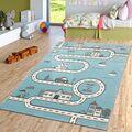 Kinderzimmer Kurzflor Teppich Spielmatte Straße Stadt Autos Spielteppich In Blau