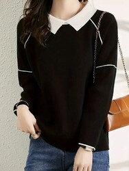 Toller Schwarzer Pullover Mit Weißem Hemdkragen, Größe M, Damen, Neu, Sehr Weich