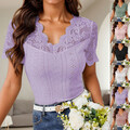 Damen Spitze Kurzarm T-Shirt Bluse V-Neck Sommer Hemd Oberteile Slim Tunika Tops
