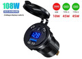 12V/24V USB-Steckdose 108W 3 Port Dual PD 45W USB C-Autoladegerät Blau Voltmeter