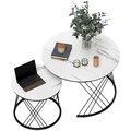 Couchtisch rund 2er Set Beistelltisch mit Marmoroptik, Wohnzimmertisch Weiß