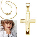 Kreuz Anhänger Echt Silber 925 vergoldet mit Kette zur Kinder Taufe Kommunion 