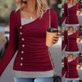 Damen Farbblock Langarm Hemd Tunika Oberteile Freizeit Herbst T-Shirt Bluse Tops