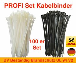 Kabelbinder 100 Stück Schwarz Weiss UV beständig Profi SET Brandschutz UL 94 V2