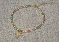Fußkette Perlen Bunt Gold, Libelle, Anhänger, Charm,Unikat, Selbstgemacht