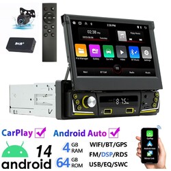 DAB+ 4+64G 1 DIN 7 Zoll Flip Out Android 14 Carplay Autoradio GPS WIFI FM BT KAM