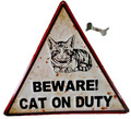Shabby Blechschild Bild Beware ! Cat On Duty Katze Retro Stil 35x40cm 3eckig NEU