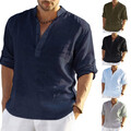 NEU Herren Langarm Leinen-Optik Hemd Tops Freizeit Knopf T-Shirt Bluse Oberteile