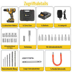 3 in 1 Akku Bohrschrauber Set 21V Akkuschrauber Bohrmaschine mit 2.0 Ah Akkus