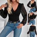 Damen Spitze V-Neck Oberteile Freizeit Langarm T-Shirt Party Hemd Clubwear .*