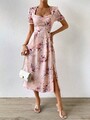 Shein Privé Kleid Mit Blumendruck, Herzförmigem Ausschnitt, Puffärmel, Neu