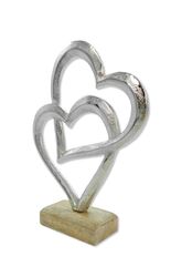 Metall Figur zwei Herzen auf Holz-Fuß Dekofigur Tisch-Deko Metallherz Skulptur