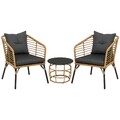 Rattan Gartenmöbel-Set, 3-TLG. Sitzgruppe mit Kissen für Terrasse, Balkon Sand