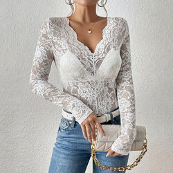 Sexy Damen Spitze Langarm T-Shirt V-Neck Bluse Slim Tops Transparent Clubwear DE