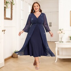 Übergröße Damen Elegant Abendkleid Maxikleid V-Neck Mesh Ballkleid Partykleid DE