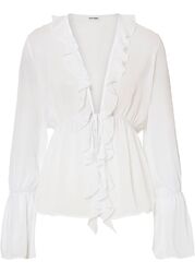 Chiffon-Bluse mit Bindeband Gr. 42 Weiß Damen Langarmbluse Shirt Tunika Neu