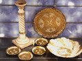 antik Florentiner Tablett rund Untersetzer Schale Kerzenständer weiß gold Italy