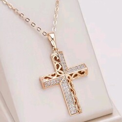 Schöne Halskette mit Anhänger 585er Rolled Roségold Walzgold Kreuzform Zirkonia 