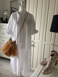 H&M Kleid Baumwollpopeline Midikleid Ärmel Broderie Anglaise Weiß Gr.XS